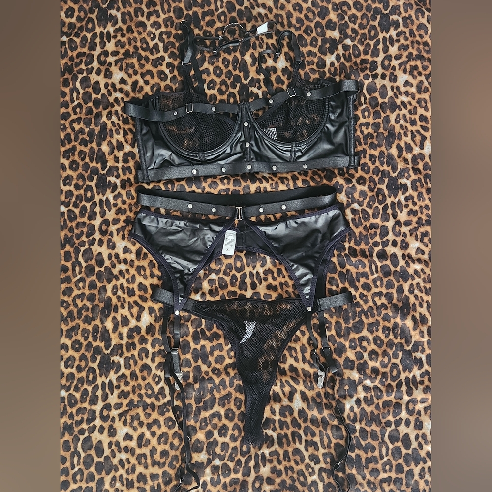 Black Studded Faux Leather Lingerie Set